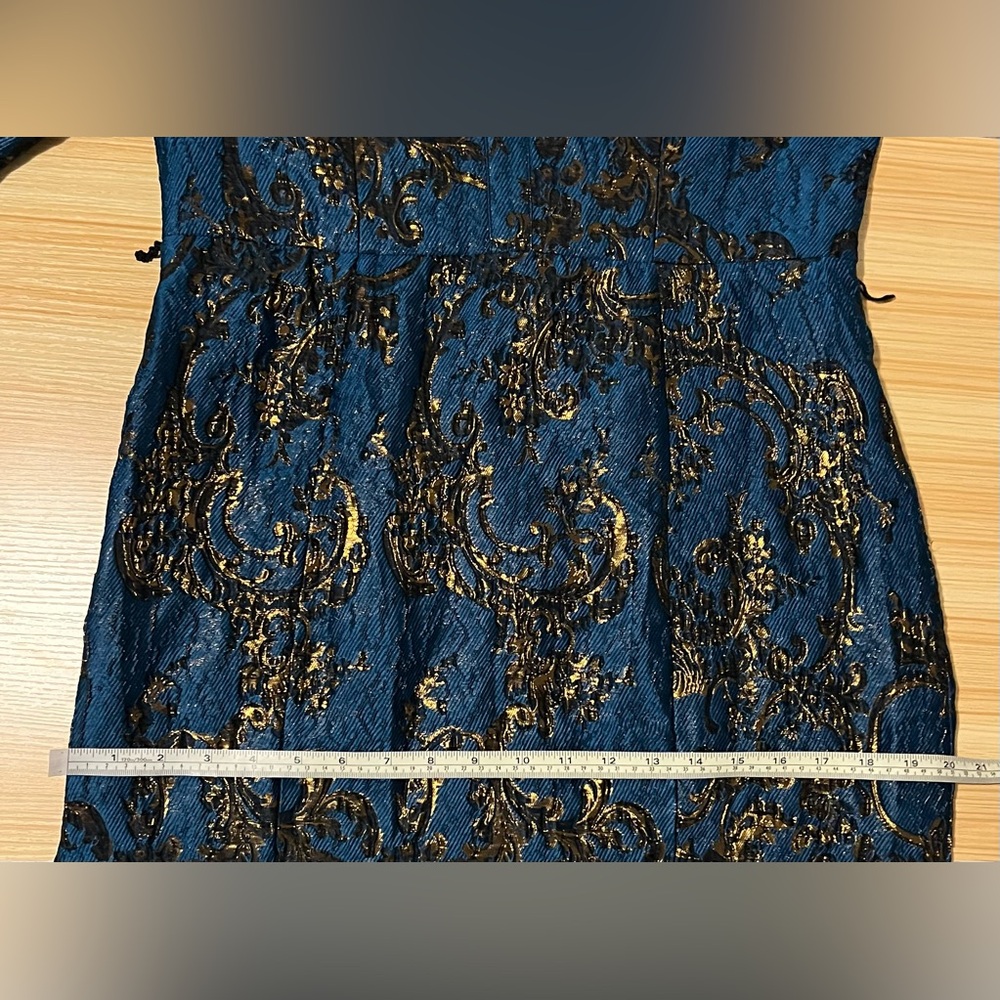 Badgley Mischka Metallic Brocade Jacquard Maxi Dress Blue Gold Puff Sleeve Dress - Picture 13 of 14